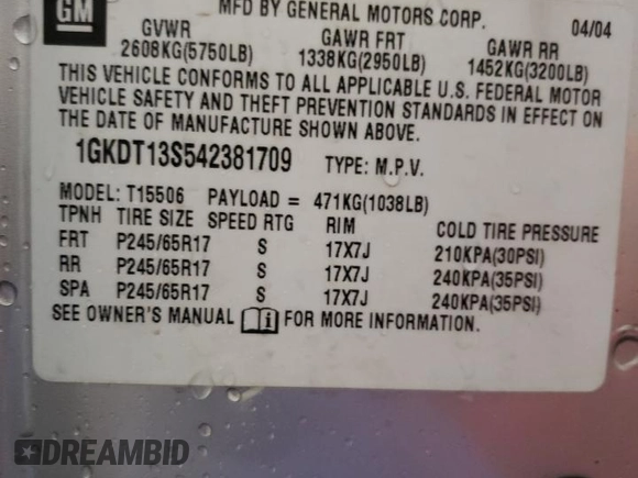 2004 GMC Envoy SLE with VIN 1GKDT13S542381709, listed as a Copart auction lot 54505255 with 163,288 mi miles and Clean Title. Bid and sale history available at carsss.com. Image 13.