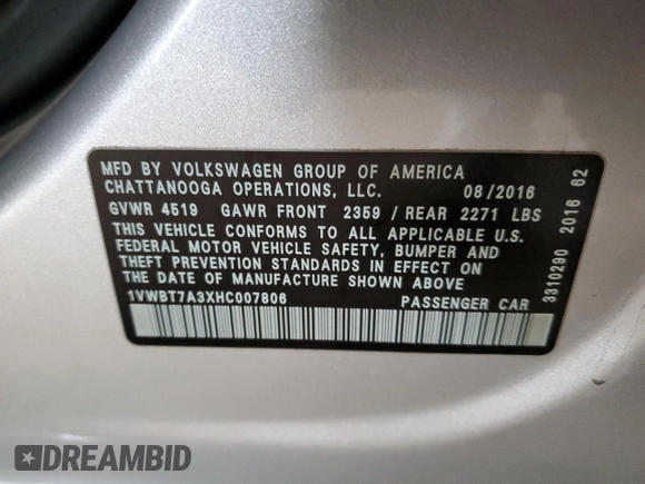 2017 Volkswagen Passat 1.8T SE with VIN 1VWBT7A3XHC007806, listed as a Copart auction lot 48146145 with 119,710 mi miles and Salvage Title. Bid and sale history available at carsss.com. Image 12.