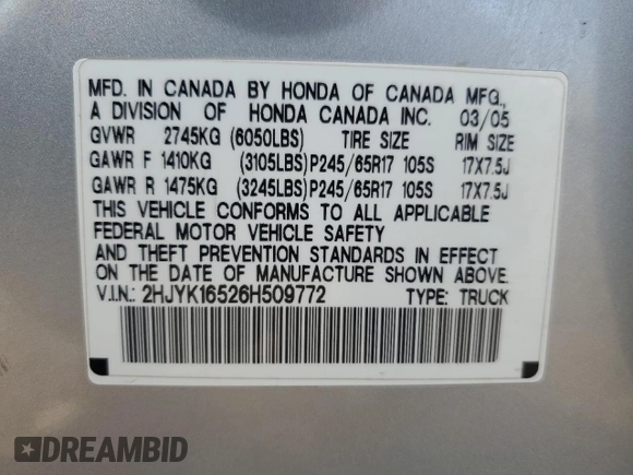 2006 Honda Ridgeline RTL with VIN 2HJYK16526H509772, listed as a Copart auction lot 55170775 with 297,623 mi miles and Clean Title. Bid and sale history available at carsss.com. Image 13.