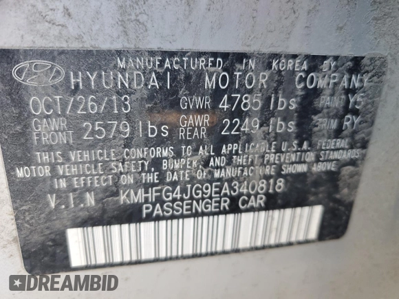 2014 Hyundai Azera with VIN KMHFG4JG9EA340818, listed as a Copart auction lot 47789005 with 91,317 mi miles and Salvage title. Bid and sale history available at DreamBid. Image 13.
