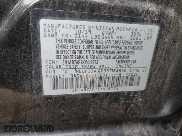2019 Nissan Sentra SV with VIN 3N1AB7AP7KY442773, listed as a Copart auction lot 88757475 with 102,101 mi miles and Salvage Title. Bid and sale history available at DreamBid. Image 14.