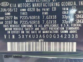 2013 Kia Sorento EX with VIN 5XYKU3A60DG342338, listed as a IAAI auction lot 42020408 with 121,155 mi miles. Bid and sale history available at carsss.com. Image 9.