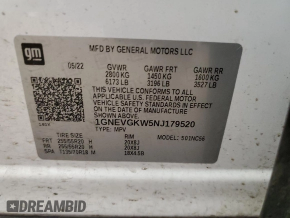 2022 Chevrolet Traverse LT Cloth with VIN 1GNEVGKW5NJ179520, listed as a Copart auction lot 81577213 with 32,859 mi miles. Bid and sale history available at carsss.com. Image 13.