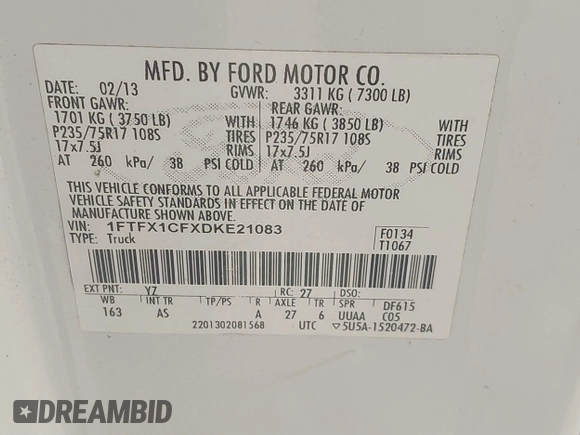 2013 Ford F-150 XL with VIN 1FTFX1CFXDKE21083, listed as a IAAI auction lot 41395847 with 245,661 mi miles. Bid and sale history available at carsss.com. Image 9.