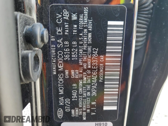 2020 Kia Rio S with VIN 3KPA24AD6LE337842, listed as a Copart auction lot 52364975 with 26,803 mi miles and Salvage Title. Bid and sale history available at DreamBid. Image 14.