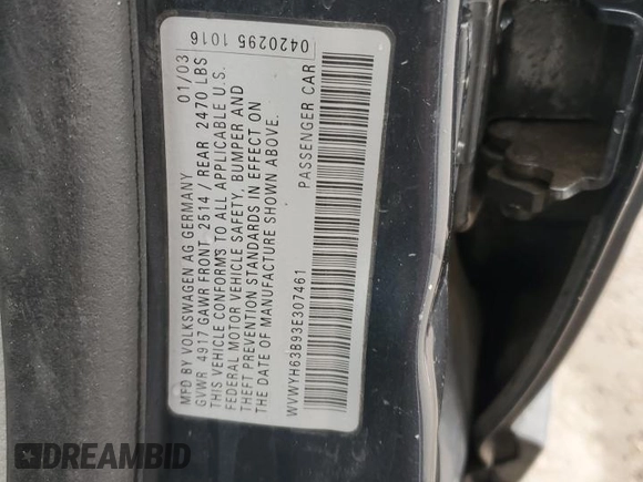 2003 Volkswagen Passat GLX z VIN WVWYH63B93E307461, wystawiony jako Copart lot #81961384 z przebiegiem 139 029 mil mil oraz Szkoda całkowita • Salvage title. Historia ofert i sprzedaży dostępna na DreamBid. Obrazek 12.