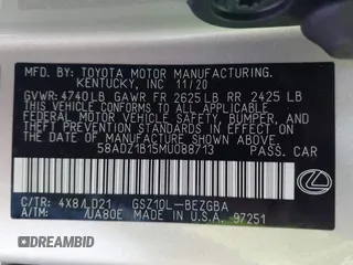 2021 Lexus ES with VIN 58ADZ1B15MU088713, listed as a IAAI auction lot 41756092 with 26,888 mi miles. Bid and sale history available at carsss.com. Image 9.