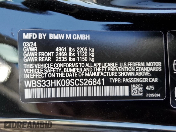 2025 BMW M4 Competition xDrive with VIN WBS33HK09SCS26841, listed as a Copart auction lot 67757404 with 0 mi miles and Salvage Title. Bid and sale history available at carsss.com. Image 12.
