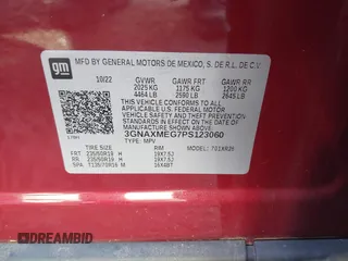 2023 Chevrolet Equinox RS with VIN 3GNAXMEG7PS123060, listed as a IAAI auction lot 42016289 with 59,964 mi miles and . Bid and sale history available at DreamBid. Image 9.