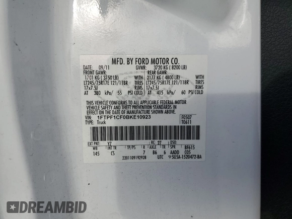 2011 Ford F-150 XL with VIN 1FTPF1CF0BKE10923, listed as a Copart auction lot 45753375 with 195,969 mi miles and Salvage title. Bid and sale history available at DreamBid. Image 14.