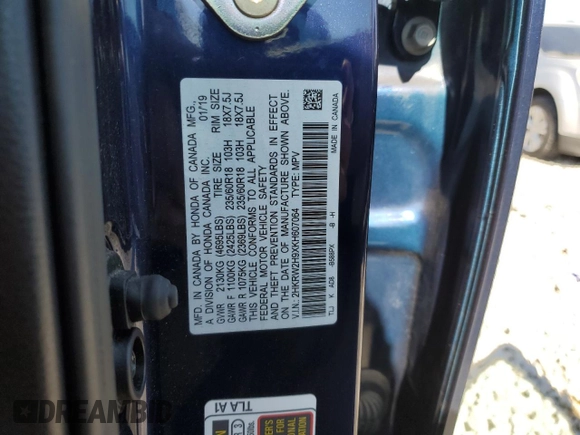 2019 Honda CR-V Touring with VIN 2HKRW2H9XKH607064, listed as a Copart auction lot 50198155 with 56,802 mi miles and Salvage Title. Bid and sale history available at carsss.com. Image 13.