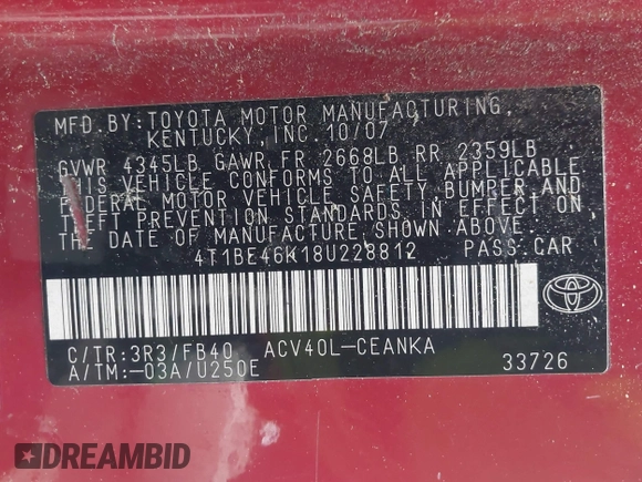 2008 Toyota Camry LE with VIN 4T1BE46K18U228812, listed as a IAAI auction lot 42161219 with 229,954 mi miles and . Bid and sale history available at DreamBid. Image 9.