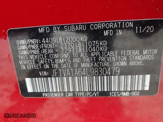 2020 Subaru WRX with VIN JF1VA1A64L9830479, listed as a IAAI auction lot 41481702 with 55,810 mi miles. Bid and sale history available at carsss.com. Image 9.