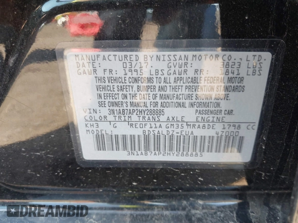 2017 Nissan Sentra SV with VIN 3N1AB7AP2HY288885, listed as a IAAI auction lot 42285317 with 104,770 mi miles and . Bid and sale history available at DreamBid. Image 9.
