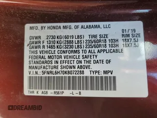 2019 Honda Odyssey EX-L with VIN 5FNRL6H70KB072288, listed as a Copart auction lot 76326724 with Not Provided miles and Non Repairable. Bid and sale history available at DreamBid. Image 14.