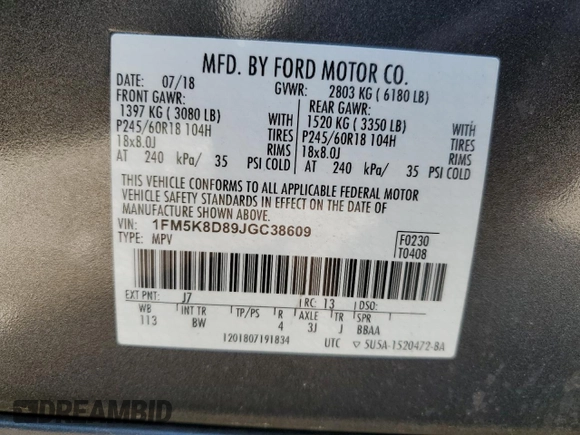 2018 Ford Explorer XLT with VIN 1FM5K8D89JGC38609, listed as a Copart auction lot 50925055 with 56,794 mi miles and Salvage Title. Bid and sale history available at DreamBid. Image 15.
