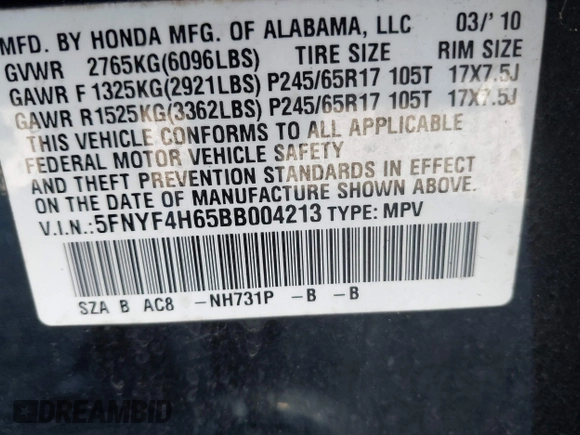 2011 Honda Pilot EX-L with VIN 5FNYF4H65BB004213, listed as a IAAI auction lot 41867681 with 157,644 mi miles and . Bid and sale history available at carsss.com. Image 9.