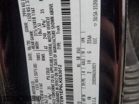 2020 Ford F-150 XL z VIN 1FTEW1EP6LKE63012, wystawiony jako Copart lot #58971565 z przebiegiem Nie podano mil oraz Nie do naprawy • Non repairable. Historia ofert i sprzedaży dostępna na DreamBid. Obrazek 12.