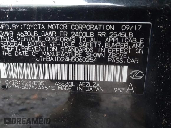 2017 Lexus IS with VIN JTHBA1D24H5060254, listed as a IAAI auction lot 41501664 with 185,562 mi miles. Bid and sale history available at carsss.com. Image 9.