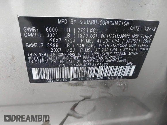 2020 Subaru Ascent Limited z VIN 4S4WMAJD5L3444883, wystawiony jako IAAI lot #42029248 z przebiegiem 55 213 mil mil oraz . Historia ofert i sprzedaży dostępna na DreamBid. Obrazek 9.