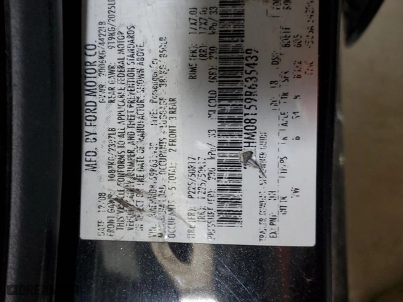 2009 Mercury Milan Premier with VIN 3MEHM08159R635439, listed as a Copart auction lot 89305125 with 0 mi miles and Salvage Title. Bid and sale history available at carsss.com. Image 13.