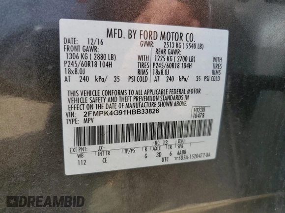2017 Ford Edge SE with VIN 2FMPK4G91HBB33828, listed as a Copart auction lot 58813755 with 54,248 mi miles and Salvage title. Bid and sale history available at DreamBid. Image 12.