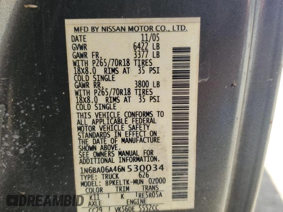 2006 Nissan Titan XE with VIN 1N6BA06A46N530034, listed as a Copart auction lot 52818895 with 230,053 mi miles and Clean title. Bid and sale history available at DreamBid. Image 12.