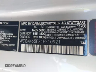 2001 Mercedes-Benz SLK-Class with VIN WDBKK65F71F210921, listed as a IAAI auction lot 41718596 with 94,332 mi miles. Bid and sale history available at carsss.com. Image 9.