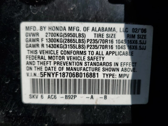 2006 Honda Pilot EX-L with VIN 5FNYF18706B016881, listed as a Copart auction lot 54260945 with 289,210 mi miles and Salvage Title. Bid and sale history available at DreamBid. Image 14.