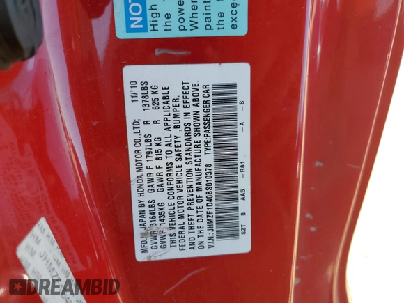 2011 Honda CR-Z with VIN JHMZF1D40BS010378, listed as a Copart auction lot 57410725 with 169,896 mi miles and Salvage title. Bid and sale history available at DreamBid. Image 12.