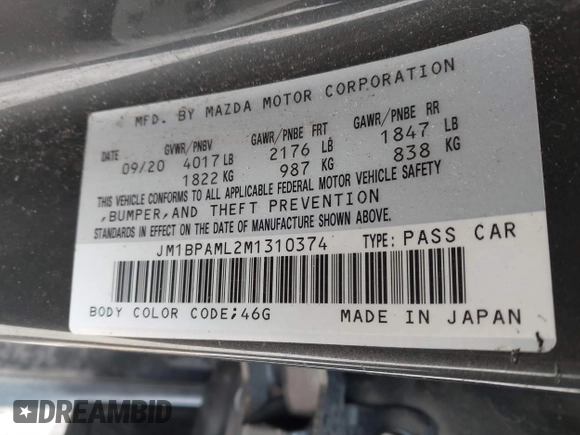 2021 Mazda 3 Premium with VIN JM1BPAML2M1310374, listed as a IAAI auction lot 41190608 with 97,648 mi miles and . Bid and sale history available at DreamBid. Image 9.