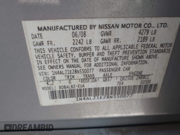 2008 Nissan Altima 2.5 with VIN 1N4AL21E28N550077, listed as a IAAI auction lot 41812456 with 274,030 mi miles. Bid and sale history available at carsss.com. Image 9.