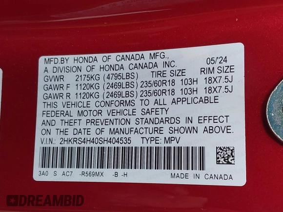 2025 Honda CR-V EX with VIN 2HKRS4H40SH404535, listed as a IAAI auction lot 40948382 with 5,102 mi miles and . Bid and sale history available at DreamBid. Image 9.