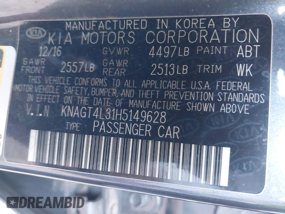 2017 Kia Optima LX with VIN KNAGT4L31H5149628, listed as a IAAI auction lot 42630216 with 102,329 mi miles and . Bid and sale history available at DreamBid. Image 9.