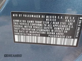 2017 Volkswagen Jetta S с VIN 3VW2B7AJ7HM234046, выставлен на аукционе IAAI как лот 42191227 с пробегом 46 258 миль миль и . История ставок и продаж доступна на DreamBid. Изображение 9.