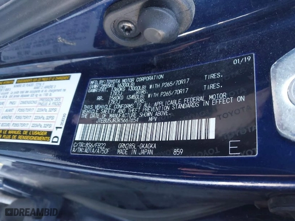 2019 Toyota 4Runner SR5 with VIN JTEBU5JR3K5667654, listed as a IAAI auction lot 41902198 with 53,182 mi miles. Bid and sale history available at carsss.com. Image 9.