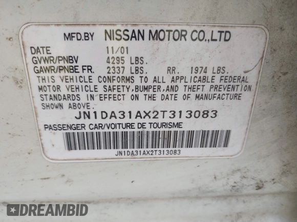 2002 Nissan Maxima GLE z VIN JN1DA31AX2T313083, wystawiony jako IAAI lot #42040751 z przebiegiem 182 814 mil mil oraz . Historia ofert i sprzedaży dostępna na DreamBid. Obrazek 9.