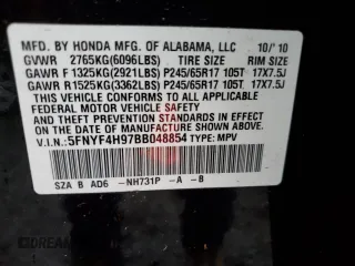 2011 Honda Pilot Touring with VIN 5FNYF4H97BB048854, listed as a Copart auction lot 50991935 with 83,651 mi miles and Salvage Title. Bid and sale history available at carsss.com. Image 13.