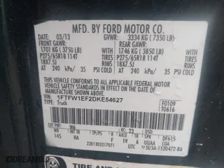 2013 Ford F-150 XL with VIN 1FTFW1EF2DKE54627, listed as a IAAI auction lot 40795033 with 1 mi miles. Bid and sale history available at carsss.com. Image 9.