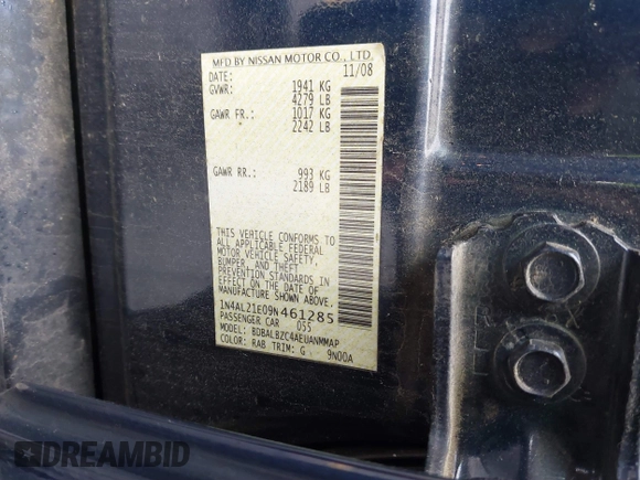 2009 Nissan Altima SL with VIN 1N4AL21E09N461285, listed as a IAAI auction lot 41205734 with 161,655 mi miles and . Bid and sale history available at DreamBid. Image 9.