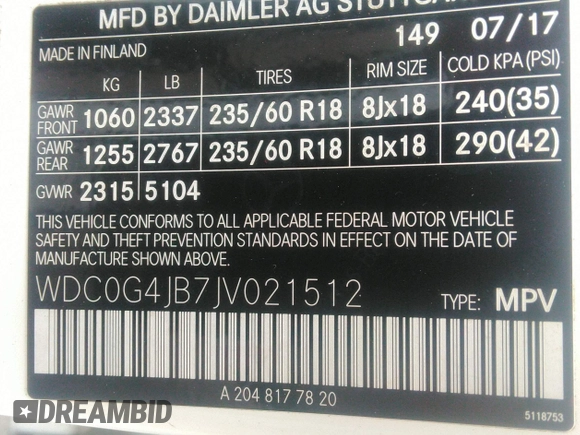 2018 Mercedes-Benz GLC 300 with VIN WDC0G4JB7JV021512, listed as a IAAI auction lot 41905040 with 120,430 mi miles and . Bid and sale history available at DreamBid. Image 9.