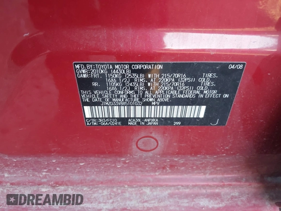 2008 Toyota RAV4 with VIN JTMZD33V885101032, listed as a IAAI auction lot 41800506 with 270,109 mi miles. Bid and sale history available at carsss.com. Image 9.