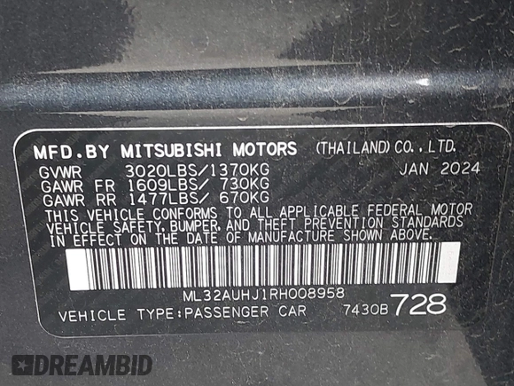 2024 Mitsubishi Mirage ES with VIN ML32AUHJ1RH008958, listed as a IAAI auction lot 42708647 with 36,247 mi miles and . Bid and sale history available at DreamBid. Image 9.