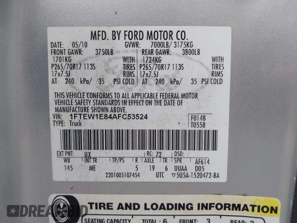 2010 Ford F-150 XL with VIN 1FTEW1E84AFC53524, listed as a IAAI auction lot 39987417 with 196,071 mi miles and . Bid and sale history available at DreamBid. Image 9.