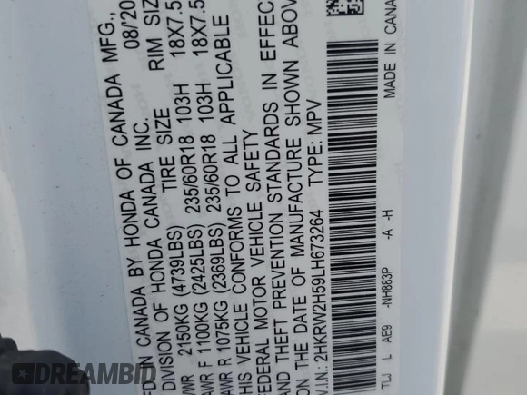 2020 Honda CR-V EX z VIN 2HKRW2H59LH673264, wystawiony jako Copart lot #56910865 z przebiegiem 93 994 mil mil oraz Szkoda całkowita • Salvage title. Historia ofert i sprzedaży dostępna na DreamBid. Obrazek 14.