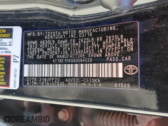 2016 Toyota Camry XLE with VIN 4T1BF1FK0GU584520, listed as a Copart auction lot 54865425 with Not Provided miles and Clean Title. Bid and sale history available at carsss.com. Image 12.