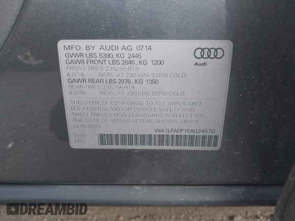 2015 Audi Q5 Premium Plus with VIN WA1LFAFP1FA024570, listed as a IAAI auction lot 42292983 with 182,114 mi miles and . Bid and sale history available at DreamBid. Image 9.