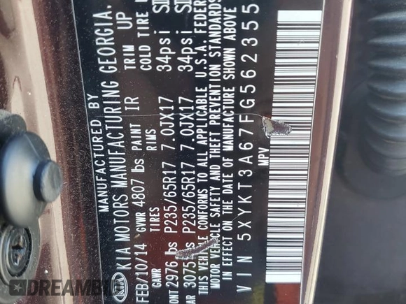 2015 Kia Sorento LX with VIN 5XYKT3A67FG562355, listed as a Copart auction lot 56797445 with 167,441 mi miles and Clean Title. Bid and sale history available at DreamBid. Image 12.