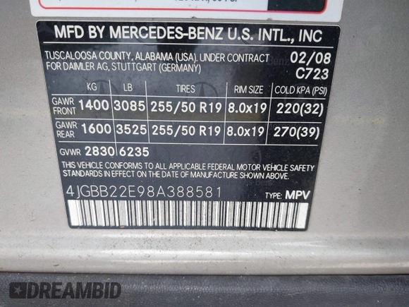 2008 Mercedes-Benz M 320 CDI with VIN 4JGBB22E98A388581, listed as a IAAI auction lot 41986595 with 142,857 mi miles and . Bid and sale history available at DreamBid. Image 9.