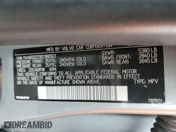 2011 Volvo XC60 3.0T with VIN YV4902DZ5B2188563, listed as a Copart auction lot 51183895 with 160,286 mi miles and Salvage title. Bid and sale history available at DreamBid. Image 12.